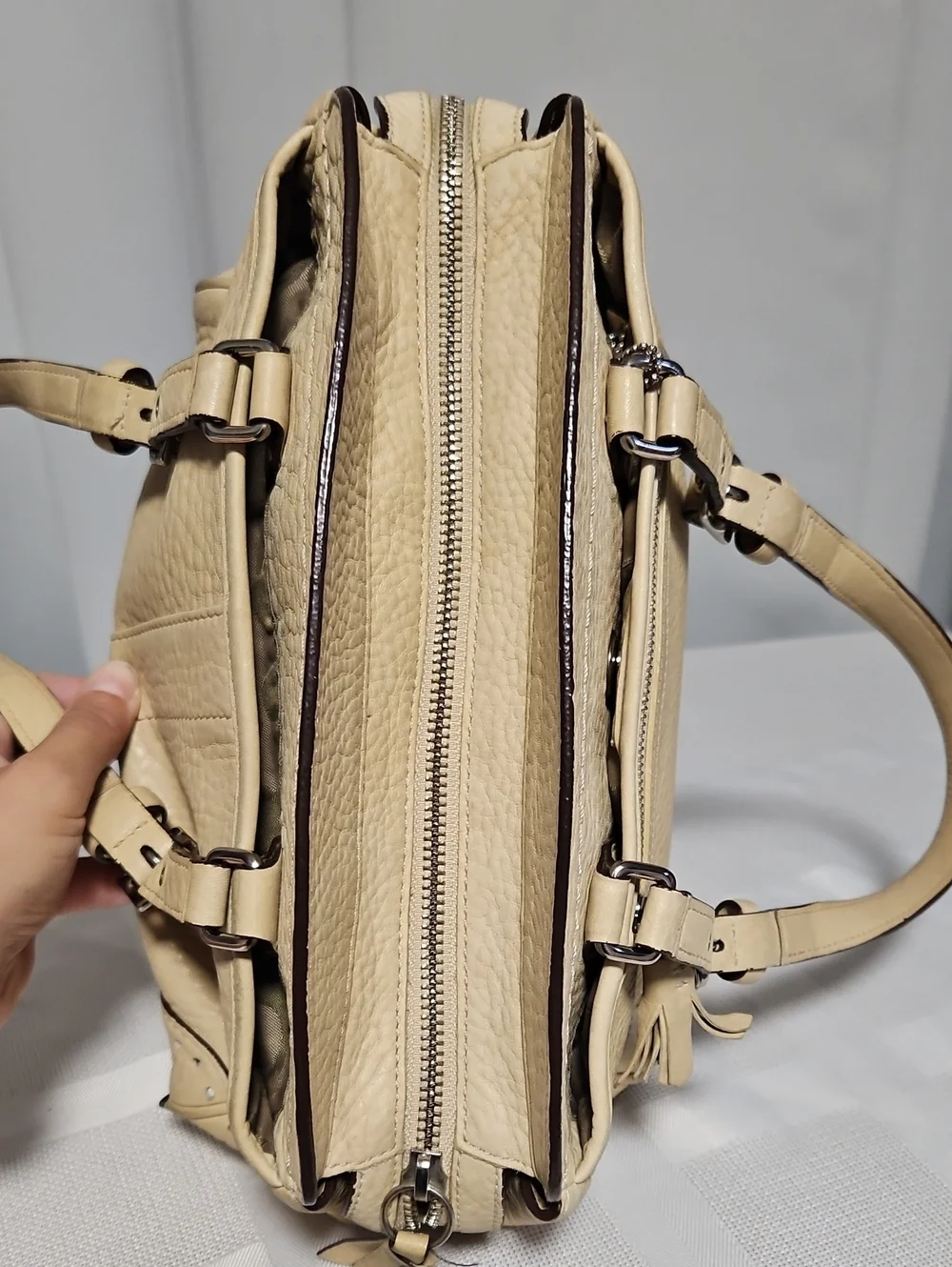Coach Hampton Sand Beige Pebbled Leqther Tassle Satchel